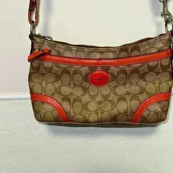 Coach Handbags - COACH HERITAGE JACQUARD LOGO
MONOGRAM CROSSBODY / Orange & Brown/Poor Condition